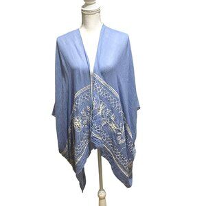 Saks Fifth Avenue Boho Embroidered Wrap Shawl One Size Blue Artsy Coastal Beachy